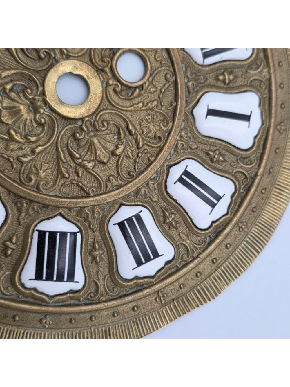 Brass Dial Face Plate Porcelain Numerals Antique Hanging Clock Detailed 6-5/8